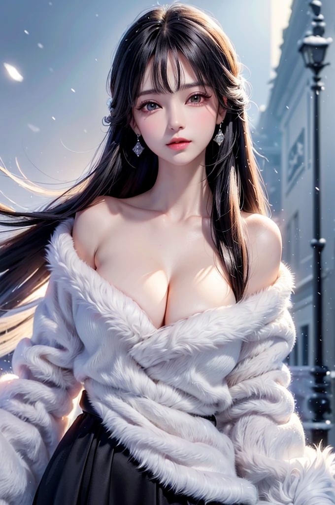 ((masterpiece:1.5、8K、Tabletop、フォトリアリスティックでVery detailedなCG、Very detailed、Particle Effects、Dynamic Effects、Shallow depth of field、Cinematic Light、Lens flare、Ray Tracing、Tabletop、Realistic:1.4、Ultra-high resolution:1.2、Realistic、Realistic))((alone、,A woman wearing a black fur coat over an off-the-shoulder sweater:1.4、Elegant woman posing、Detailed face、bright表情、young, bright, Whiter skin、medium breasts、Beautiful cleavage、Best Looks、Asian、Ultimate beauty、bright and shiny hair,、Super long, Silky straight hair、Hair dancing in the wind))(morning、The setting is outdoors in the snow、Crystal of snow)((White hair with shiny highlights))
