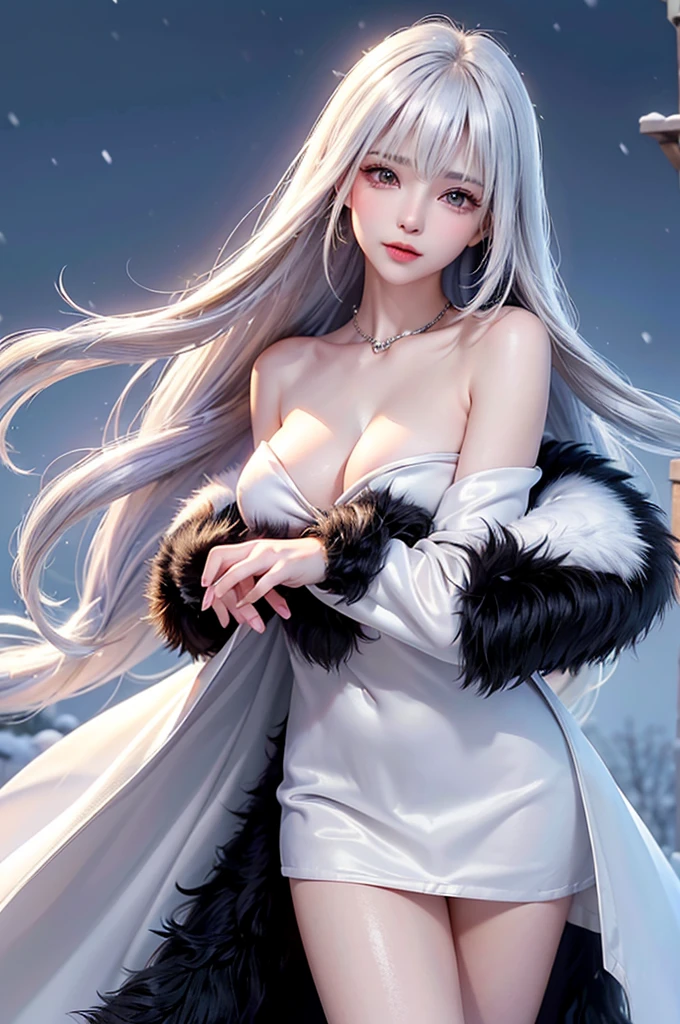 ((masterpiece:1.5、8K、Tabletop、フォトリアリスティックでVery detailedなCG、Very detailed、Particle Effects、Dynamic Effects、Shallow depth of field、Cinematic Light、Lens flare、Ray Tracing、Tabletop、Realistic:1.4、Ultra-high resolution:1.2、Realistic、Realistic))((alone、,A woman wearing a black fur coat over an off-the-shoulder sweater:1.4、Elegant woman posing、Detailed face、bright表情、young, bright, Whiter skin、medium breasts、Beautiful cleavage、Best Looks、Asian、Ultimate beauty、bright and shiny hair,、Super long, Silky straight hair、Hair dancing in the wind))(morning、The setting is outdoors in the snow、Crystal of snow)((White hair with shiny highlights))
