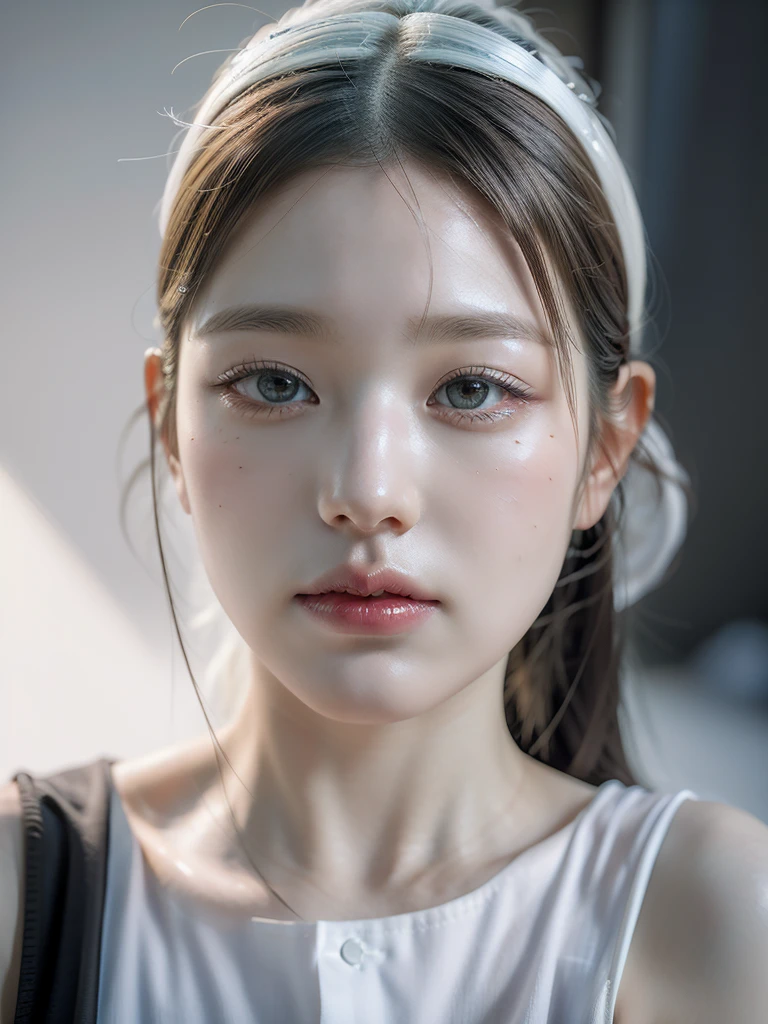 Best Quality, Masterpiece, ultra high resolution, (photorealistic:1.4), photo and gross, 1 girl, exterior, close up, looking at the viewer, black dress, sleeveless, wide, sullyoon and ethereal gray eyes and plump lips albino big mouth white hair 