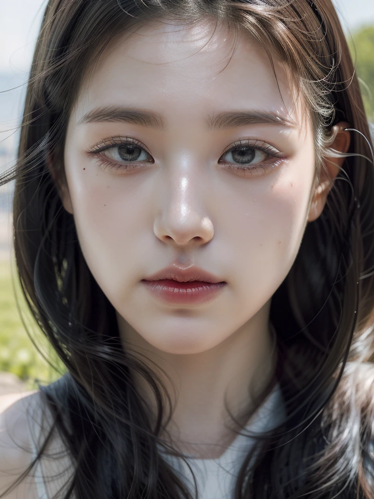 Best Quality, Masterpiece, ultra high resolution, (photorealistic:1.4), photo and gross, 1 girl, exterior, close up, looking at the viewer, black dress, sleeveless, wide, sullyoon and ethereal gray eyes and plump lips albino big mouth white hair 