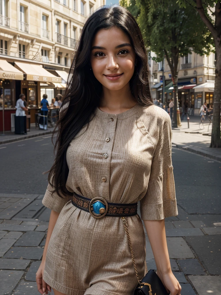 Masterpiece, superior quality, ultra-detailed, 8k drawing under CG unity, a woman looking directly at the observer, summer subject, a charmed and happy look, in the city center of paris, smiling, with long black hair and cowboy style.