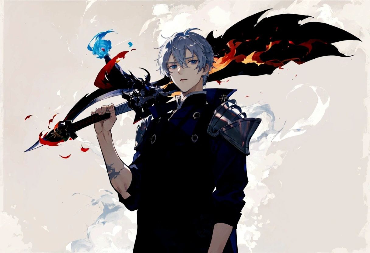 anime character hair ( offwhite )with a sword and a flame in his hand, 2d anime style, 2 d anime, by Shitao, shigenori soejima illustration, zerochan art, by Kamisaka Sekka, with leviathan ax, made with anime painter studio, Hero 2d Fanart Artsation, zerochan, anime character art, por Kamagurka