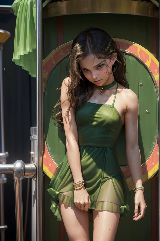 Natalie Portman, (((tiny sexy skimpy short sheer green dress))), (((standing by the dunking booth at a carnival))), shy, worried, ((face blushing)), choker, ((embarrassed pose)), angry, metal bracelet, soaking wet, solo shot, alone, (((perfect legs)))