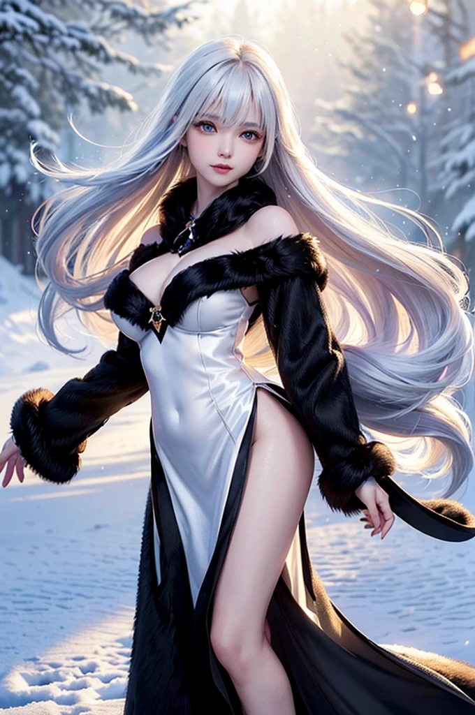 ((masterpiece:1.5、8K、Tabletop、フォトリアリスティックでVery detailedなCG、Very detailed、Particle Effects、Dynamic Effects、Shallow depth of field、Cinematic Light、Lens flare、Ray Tracing、Tabletop、Realistic:1.4、Ultra-high resolution:1.2、Realistic、Realistic))((alone、,A woman wearing a black fur coat over an off-the-shoulder sweater:1.4、Elegant woman posing、Detailed face、bright表情、young, bright, Whiter skin、medium breasts、Beautiful cleavage、Best Looks、Asian、Ultimate beauty、bright and shiny hair,、Super long, Silky straight hair、Hair dancing in the wind))(morning、The setting is outdoors in the snow、Crystal of snow)((White hair with shiny highlights))
