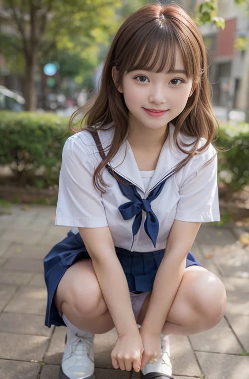 1 girl, (photoreal:1.6), ultra detailed, beautiful, long wavy hair, sweet smile, red hair,
BREAK, (White panties), (Show panties:1.4),tight skirts, (up skirt:1.3), (Pull-up skirt:1.3), (Spread your legs,crouching down:1.4),, Black Penny Loafers,
BREAK, beautiful faces detailed:showing teeth, Real Human Skin,
BREAK, Deep crouching in the schoolyard, Japanese Uniform, Sailor Uniform, (Looking at Viewer:1.2), from the front side, From below,