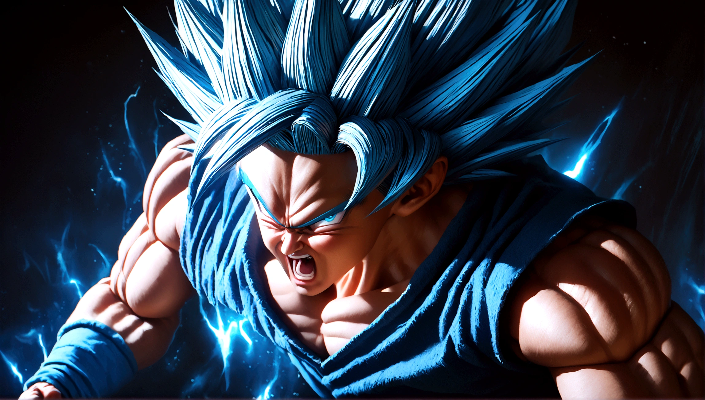 a highly detailed digital illustration of goku in super saiyan blue form, angry expression, muscular build, dynamic pose, glowing aura, dramatic lighting, cinematic composition, hyper realistic, 8k, photo-realistic, masterpiece, cinematic lighting