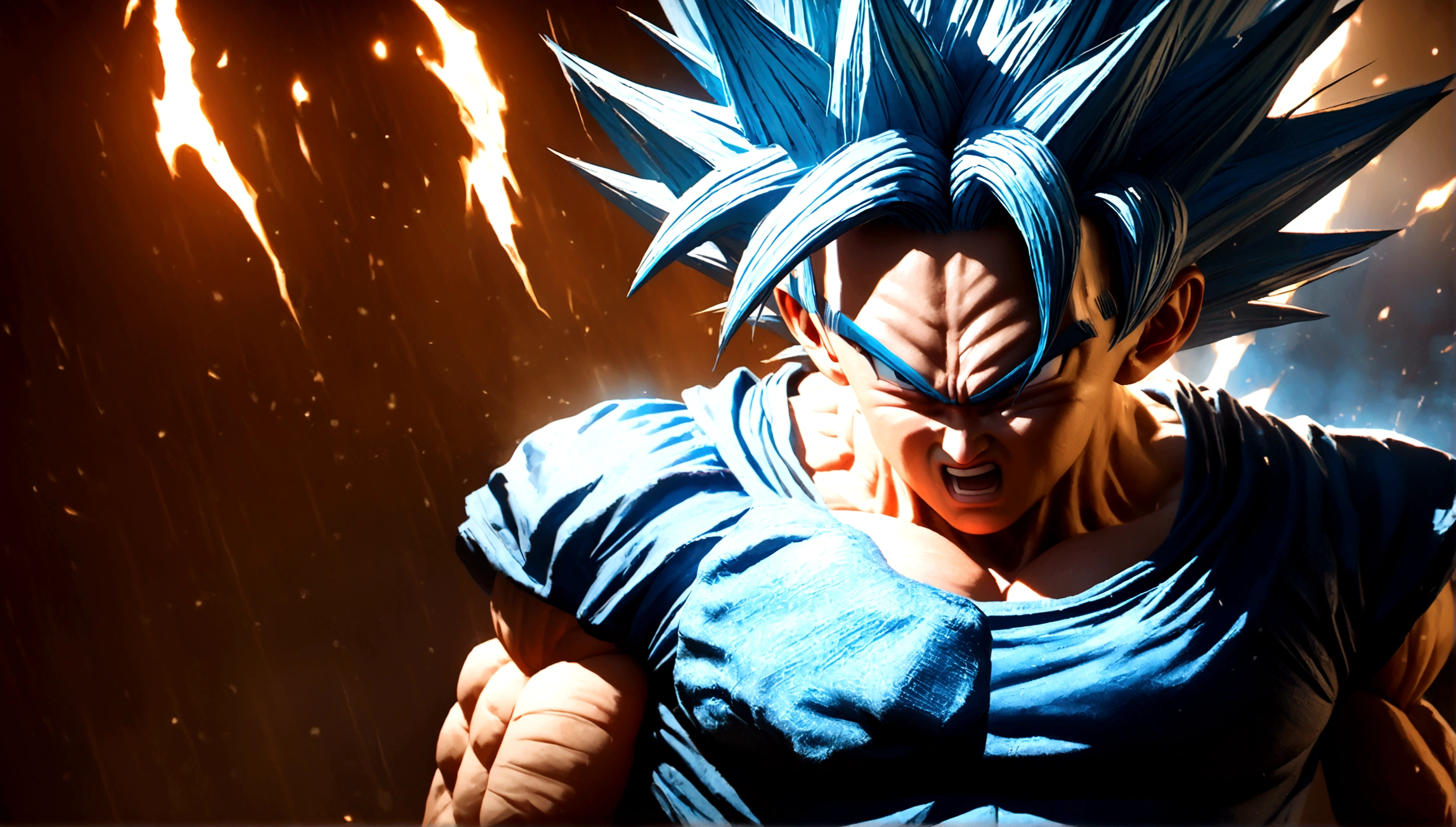 a highly detailed digital illustration of goku in super saiyan blue form, angry expression, muscular build, dynamic pose, glowing aura, dramatic lighting, cinematic composition, hyper realistic, 8k, photo-realistic, masterpiece, cinematic lighting