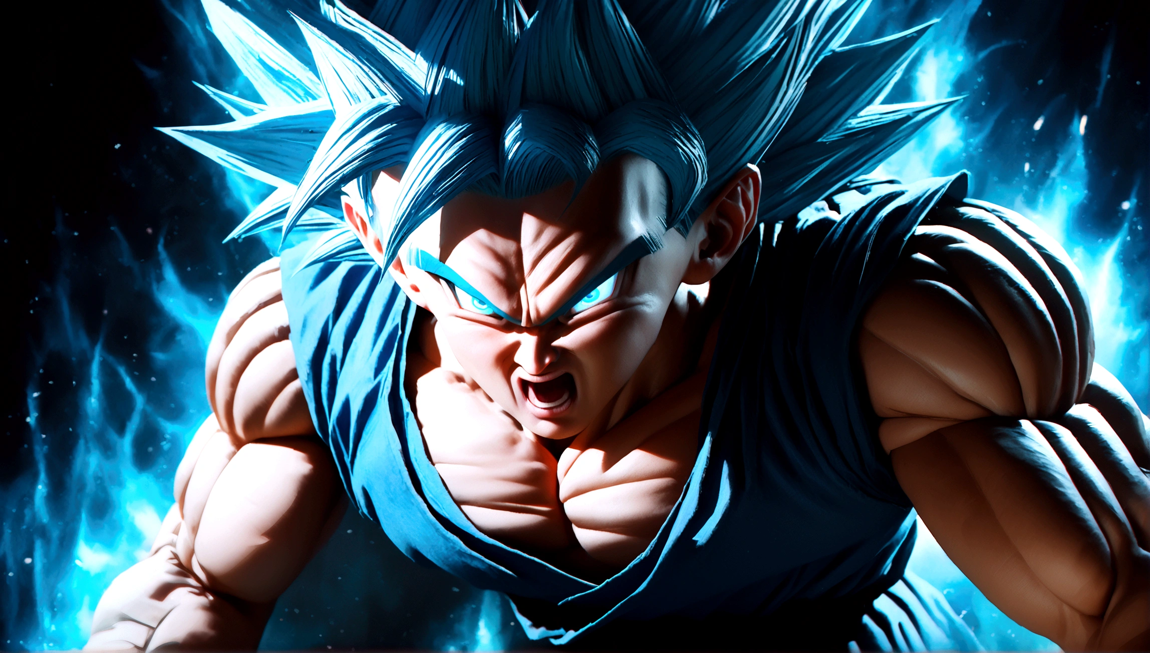 a highly detailed digital illustration of goku in super saiyan blue form, angry expression, muscular build, dynamic pose, glowing aura, dramatic lighting, cinematic composition, hyper realistic, 8k, photo-realistic, masterpiece, cinematic lighting