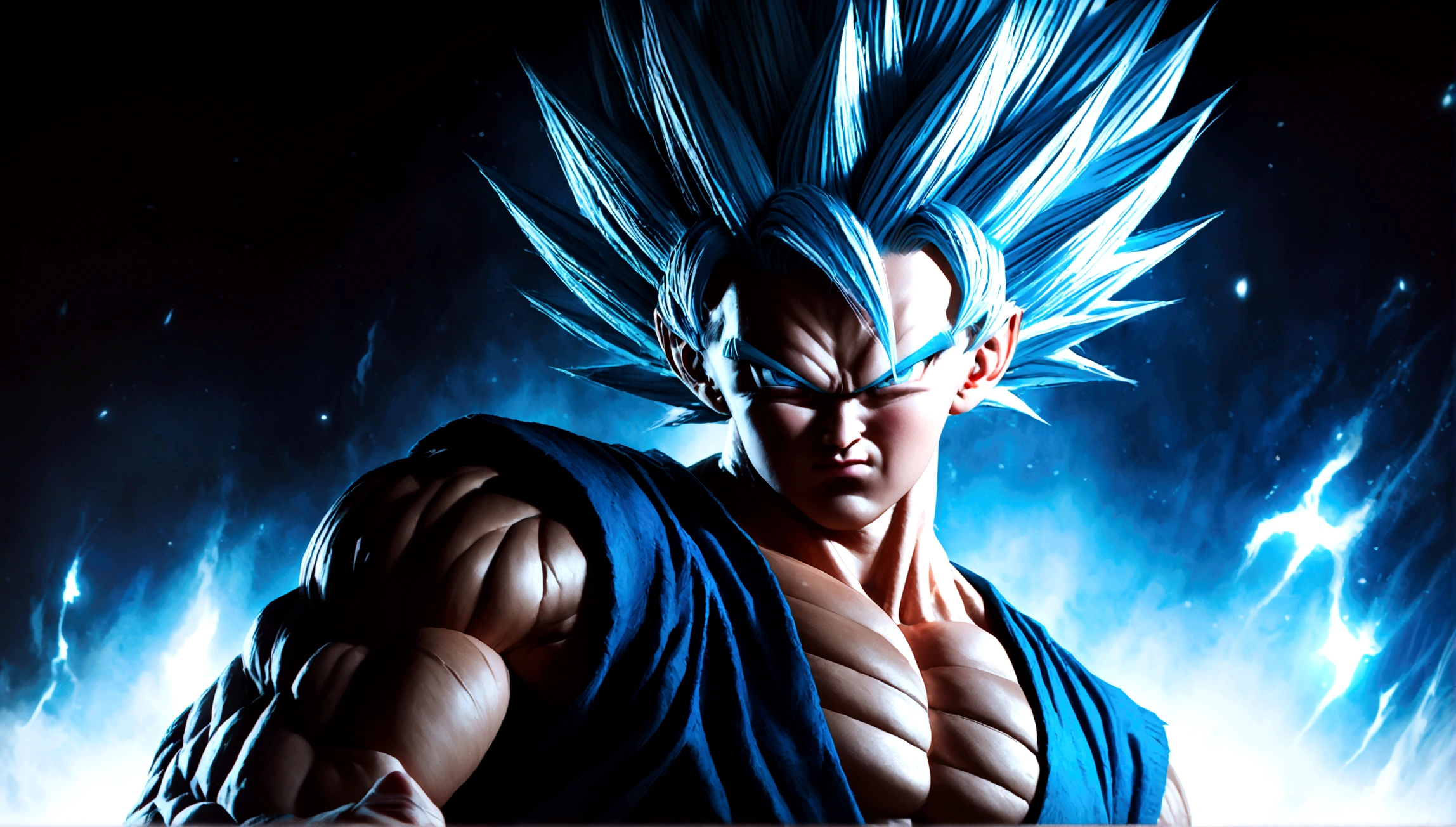 a highly detailed digital illustration of goku in super saiyan blue form, angry expression, muscular build, dynamic pose, glowing aura, dramatic lighting, cinematic composition, hyper realistic, 8k, photo-realistic, masterpiece, cinematic lighting