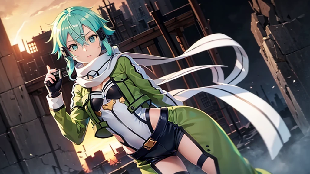 (masterpiece), Best quality, expressive eyes, perfect face, A high resolution, Sinon 1, scarf, fingerless gloves, long sleeves, short shorts, hair ornament, Hairclip, Green Knee Socks, green jacket, thigh strap, Hands on hips, field, ruins background, standing, cowboy shot, I look at the viewer