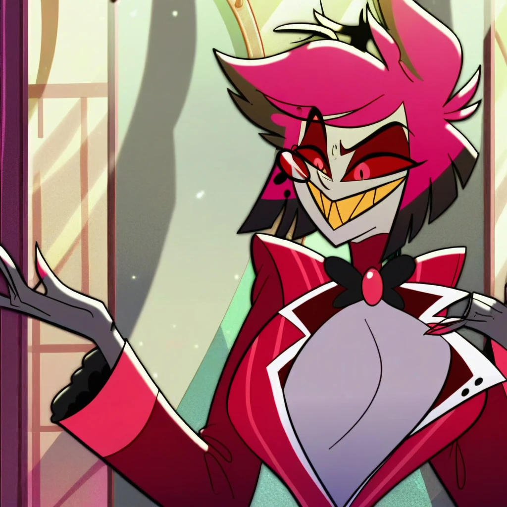 alastor, solo, 1girl, standing, (huge breasts:1.5), grey skin, red suit, monocle, BREAK score_9, score_8_up, score_7_up, screencap, (((lighting on body)))