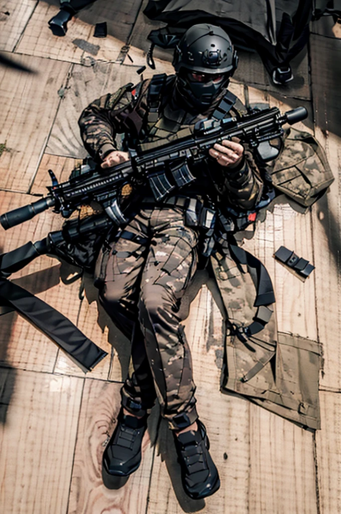 {{Masterpiece、best quality、Very detailed CG、16 ก、film light、lens flare}}、blurred background、(One man soldier aimsing a huge rifle)、Day 24、Bold、Clean, white teeth、realistic:1.4、black short hair 、blue eyeany weaponilitary helicopter:1.6))、special forces、war、Shinjuku at night、from above view、aims、aims、Knee shot、Wide viewing angle、Fight zombies