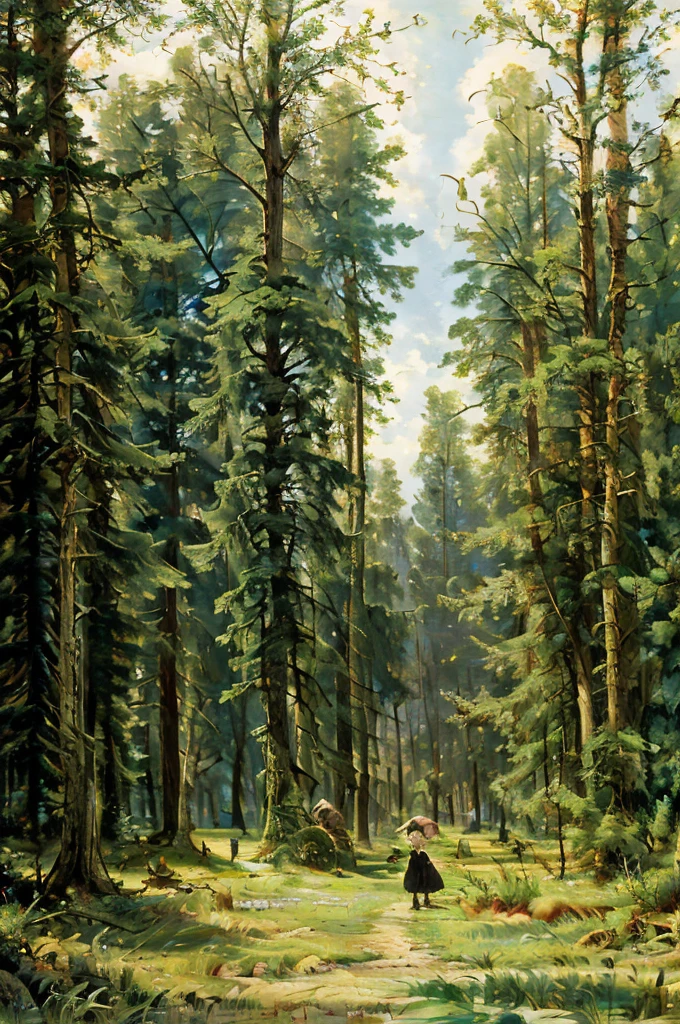 Make the illustration realistic Girl enters the forest:
Image of a girl, standing at the edge of a dark and dense forest. You can draw a mixture of surprise and determination on her face.. Fireflies may be drawn around, creating a magical atmosphere.
Meeting with forest animals:
Illustration of a girl, sitting in a clearing, surrounded by forest animals. Let them be friendly animals, like hares, squirrels and fawns, Maybe, with a slightly fabulous view, For example, with shiny eyes or small wings.
Forest Creatures:
Image of a girl meeting fairy-tale creatures. It could be elves, fairies or little gnomes. They can be drawn around her, helping or showing the way.
Magic tree:
Illustration of a big, old wood with door and windows, Maybe, With light, coming from within. A girl can stand in front of a tree, looking surprised and fascinated.
night forest:
Picture of a girl, walking along a path in the night forest, illuminated by the moon and stars. Good creatures may be drawn along the way, such as the wise owl or glowing fireflies, lighting her way.
Magic Pond:
Image of a girl у волшебного пруда, where you can see reflections of magical creatures or glowing fish in the water. Maybe, There is a talking frog or little mermaid standing near the pond.
A house in the woods:
House illustration, hidden in the forest, with warmth and comfort, coming from within. The girl may be standing at the doorstep, and she is greeted by friendly forest creatures.