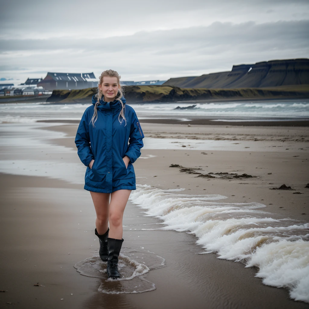 A beautiful picture of a typical icelandic 23 year old woman walking on the beach, high quality, 1 woman solo, attractive face, high resolution, saggy clothes, cold and wet icelandic weather, cinematic, full upper body