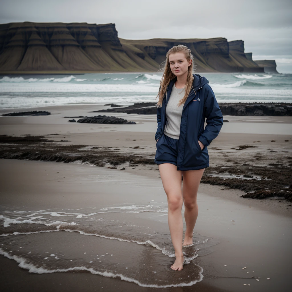 A beautiful picture of a typical icelandic 23 year old woman walking on the beach, high quality, 1 woman solo, attractive face, high resolution, saggy clothes, cold and wet icelandic weather, cinematic, full upper body