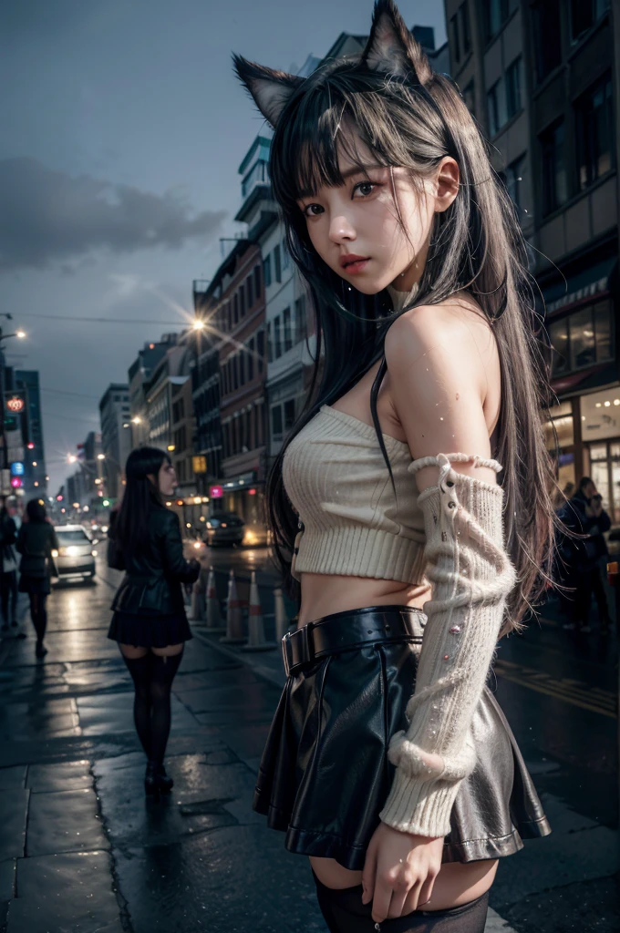 (8k, RAW photo, best quality, masterpiece:1.4), ultra high res, (realistic, photo-realistic:1.48),omertosa,1girl,(Kpop idol), (aegyo sal:1),cute, (super bokeh night city center:1.25), bokeh, night, traffic lights, road sign, rain, after rain, wet, professional lighting, detailed lighting, photon mapping, radiosity, physically-based rendering,Black pantyhosebloom, backlighting, depth of field, natural lighting, hard focus, film grain, one meter shooting distance, professional photoshoot, photographed with a Sony a9 II Mirrorless Camera, detailed eyes, realistic eyes, detailed shadow, looking at viewer, dog ears, detailed lighting, skirt, black skirt, thighhighs, black thighhighs, (detailed hair, realistic hair, realistic lighting, realistic shadow, realistic outfit), realistic skin, (gun on waist:1), realistic reflection of light from above, ((arms behind back)),(hands behind),tube top,sexy