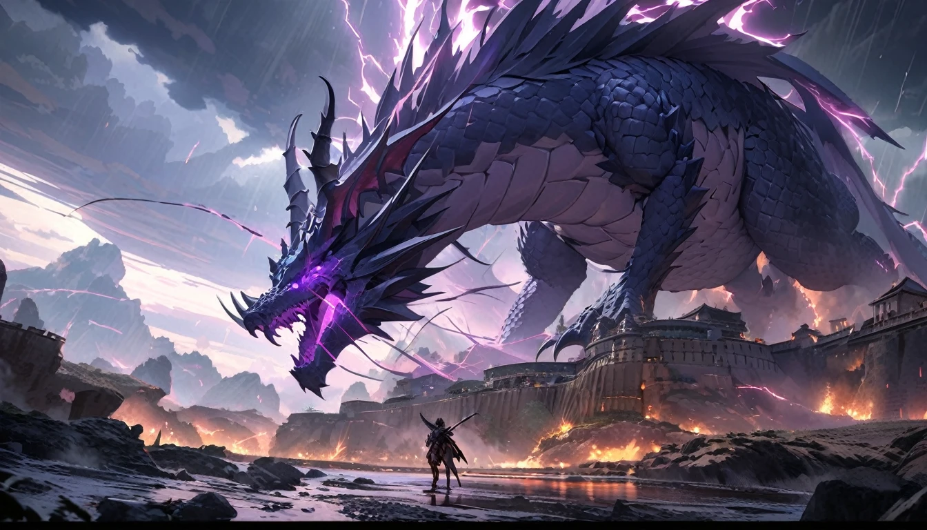 anime aestetics, anime scenery, mythical creature, a storm dragon flying close to the stormclouds, dark blue scales, violet skin, long curvy horns, electric impulses covering the body, epic scene, thunder storm, skyscape, anatomicaly correct, western dragon, dnd, dark fantasy, dungeons and dragons, wide shot, atmospheric perspective, perspective, best quality, highres, HD, 4K, award winning, super detail, accurate, masterpiece, anatomically correct, textured skin