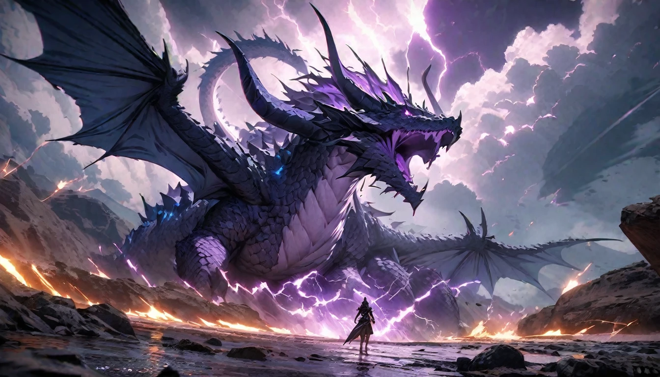 anime aestetics, anime scenery, mythical creature, a storm dragon flying close to the stormclouds, dark blue scales, violet skin, long curvy horns, electric impulses covering the body, epic scene, thunder storm, skyscape, anatomicaly correct, western dragon, dnd, dark fantasy, dungeons and dragons, wide shot, atmospheric perspective, perspective, best quality, highres, HD, 4K, award winning, super detail, accurate, masterpiece, anatomically correct, textured skin