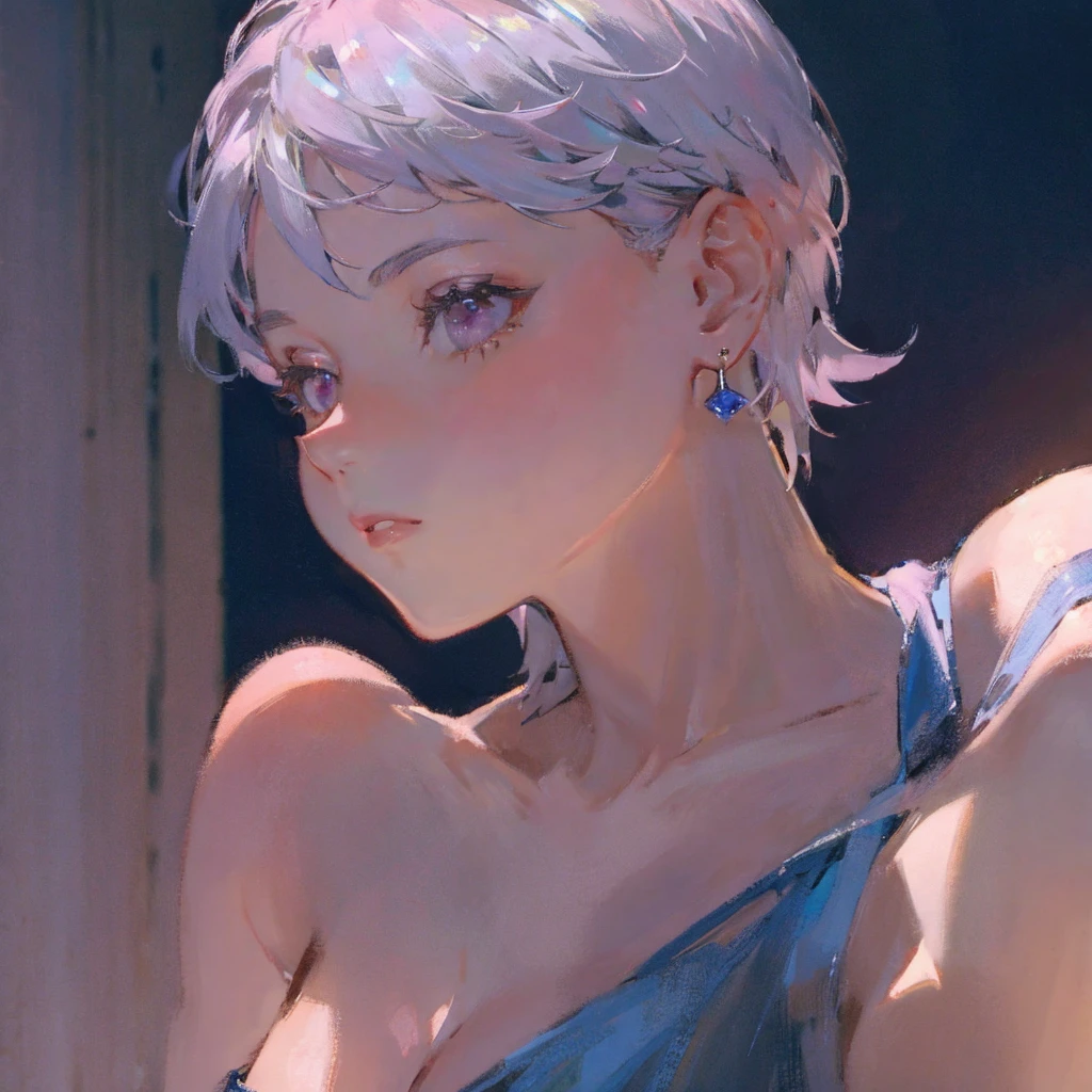 close-up shot of 1girl, light pink short hair, silver eyes, glossy lips, sapphire earrings, iper-realistic, masterpiece, cinematic lighting, best quality, anatomically perfect.
