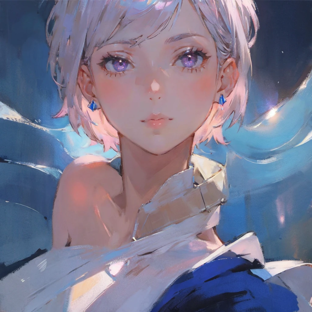 close-up shot of 1girl, light pink short hair, silver eyes, glossy lips, sapphire earrings, iper-realistic, masterpiece, cinematic lighting, best quality, anatomically perfect.
