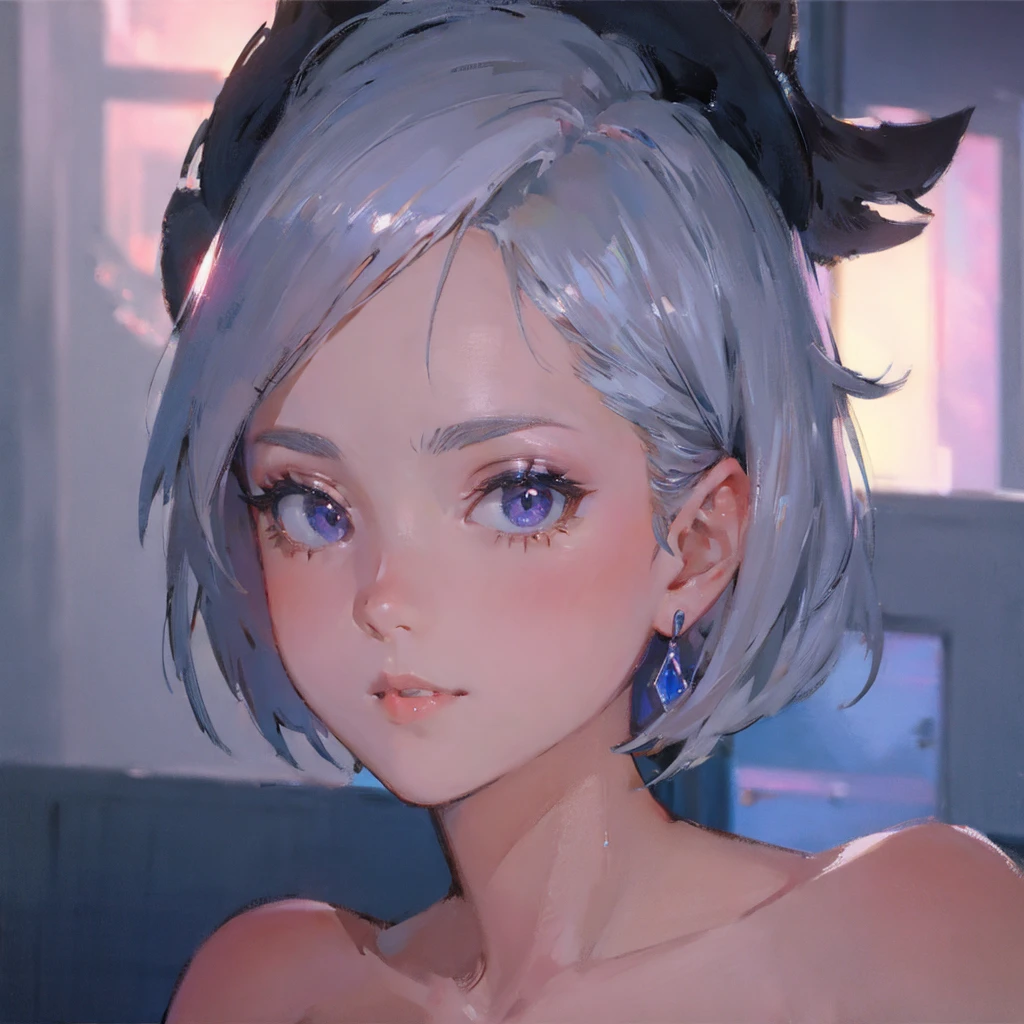 close-up shot of 1girl, light pink short hair, silver eyes, glossy lips, sapphire earrings, iper-realistic, masterpiece, cinematic lighting, best quality, anatomically perfect.