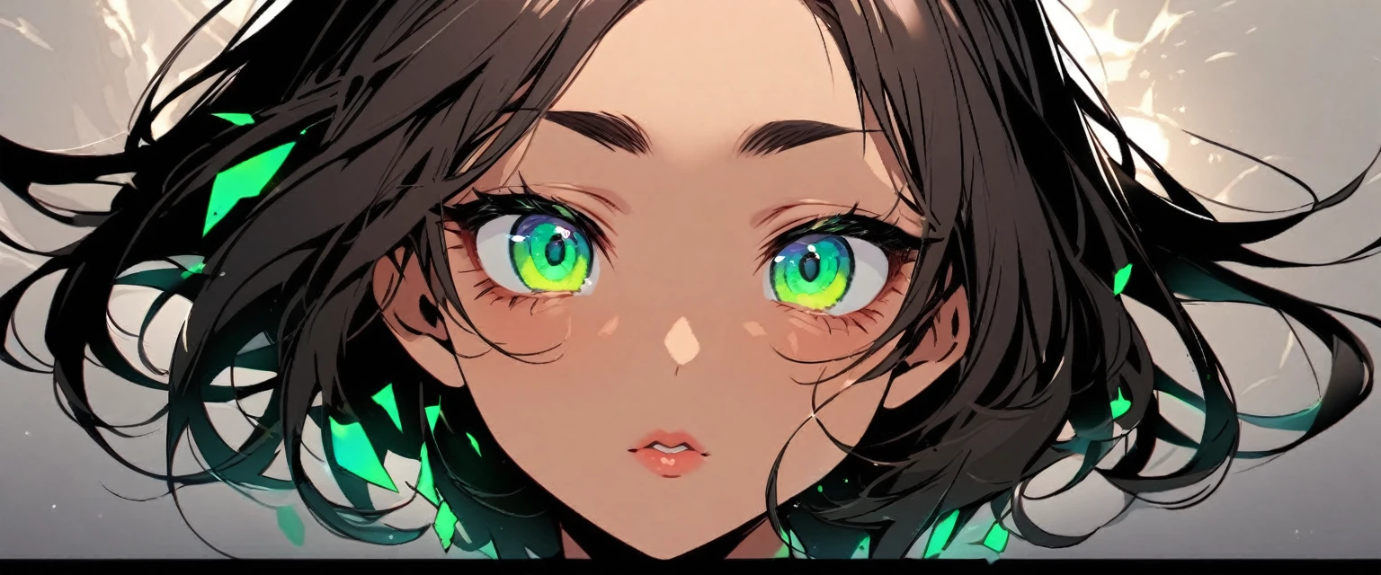 a girl with a soft contoured face with an average size, with slightly tanned skin, reddish and not very big lips, and a pair of green eyes, that demonstrated a certain familiarity with Western eye shapes, that resembled emeralds and dark-colored hair that was messy.