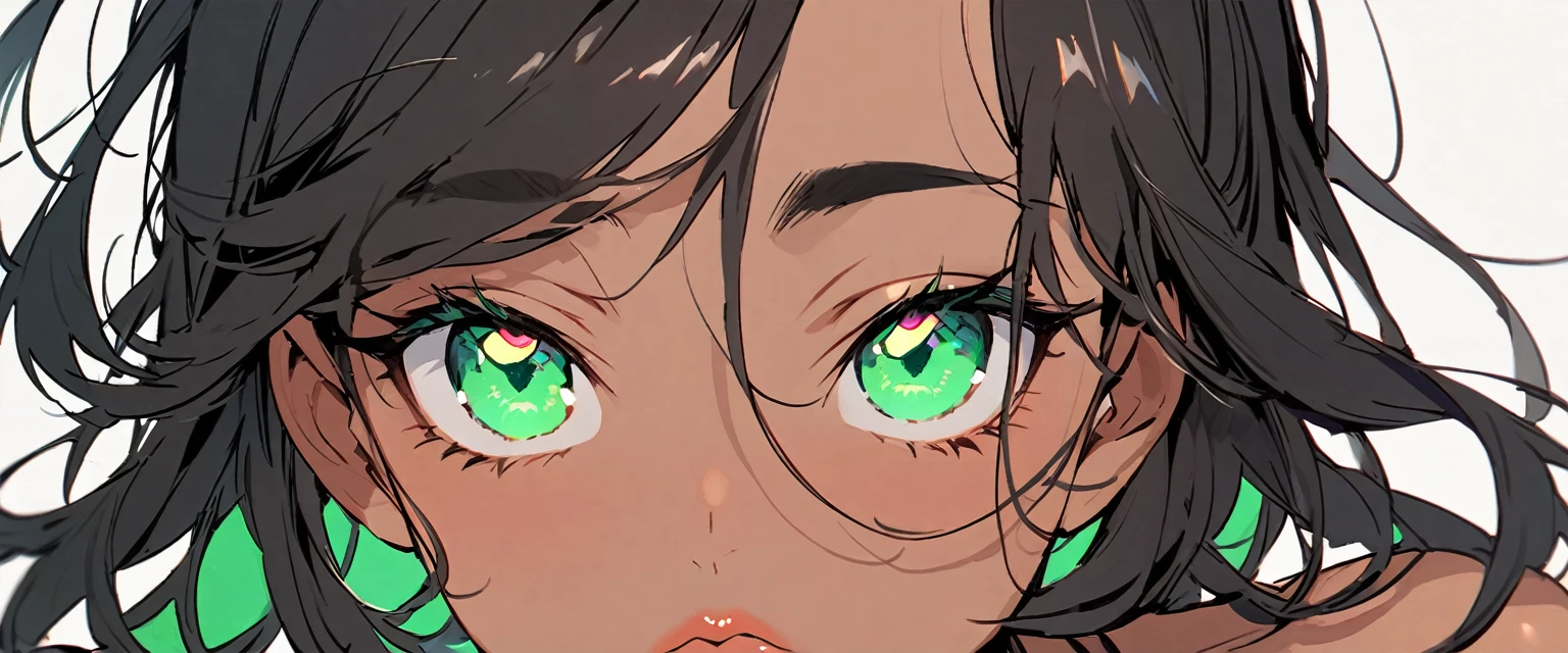 a girl with a soft contoured face with an average size, with slightly tanned skin, reddish and not very big lips, and a pair of green eyes, that demonstrated a certain familiarity with Western eye shapes, that resembled emeralds and dark-colored hair that was messy.