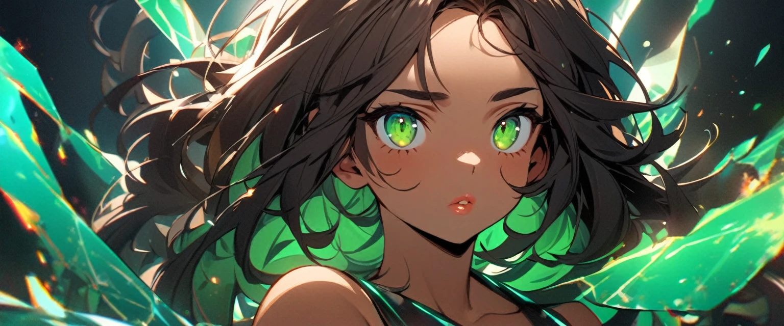 a girl with a soft contoured face with an average size, with slightly tanned skin, reddish and not very big lips, and a pair of green eyes, that demonstrated a certain familiarity with Western eye shapes, that resembled emeralds and dark-colored hair that was messy.