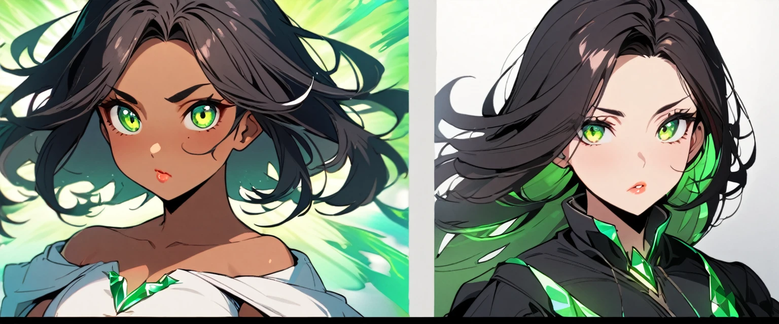a girl with a soft contoured face with an average size, with slightly tanned skin, reddish and not very big lips, and a pair of green eyes, that demonstrated a certain familiarity with Western eye shapes, that resembled emeralds and dark-colored hair that was messy.
