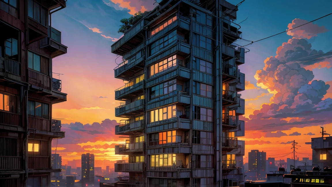 a white cat in a living room, set in tokyo rooftop, in a japanese apartment, in a rooftop, in a cyberpunk setting, anime style mixed with fujifilm, cyberpunk setting, in a old house. hyper realistic, lofi portrait at a window, cozy place, sunset, many cloud, red sky post apocalyptic view, the cyberpunk apartment, cyberpunk apartment, lofi , 8k, ghibli style