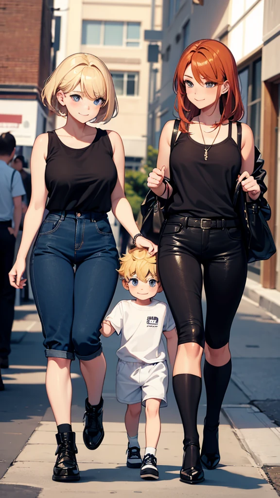 two sexy women looking down at 4 years old boy with blonde hair and shorts, flirtatious smiles, women have auburn hair