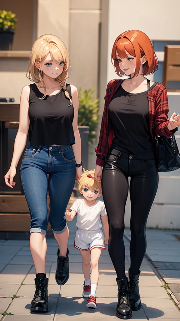 two sexy women looking down at boy with blonde hair and shorts, flirtatious smiles, women have auburn hair