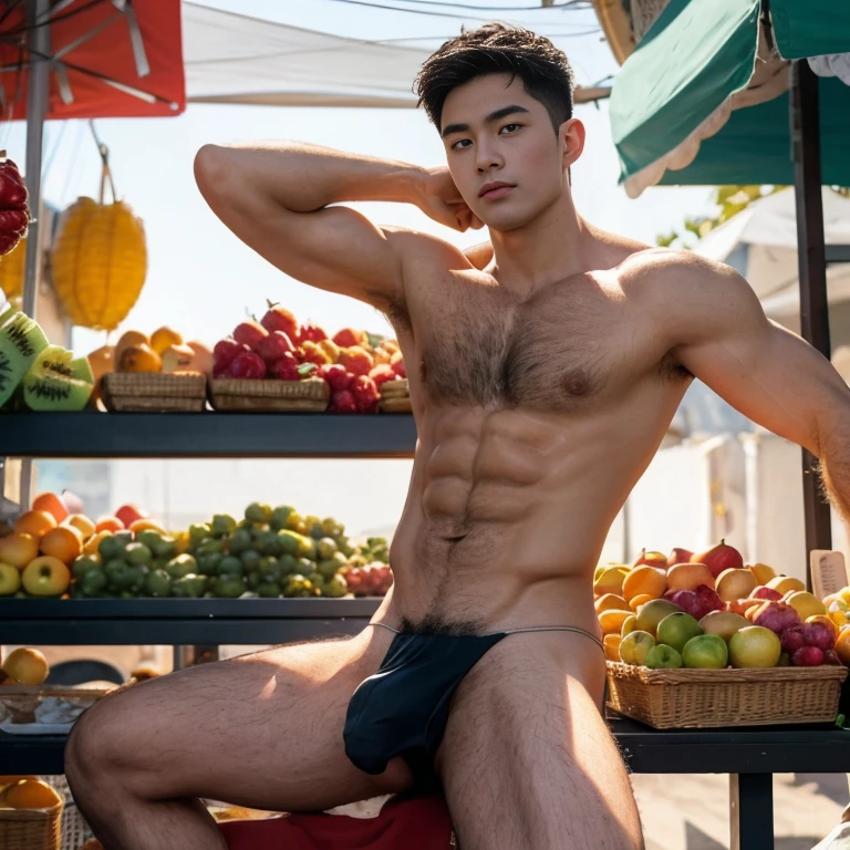 Fruit display In the background, market, market display In the background, vegetable display In the background, very hairy armpits, hairy pubic, hairy crotch, hairy body, In the charming picture there is a handsome Chinese  boy with his big bulge, muscular body, background in the sky has big bold sun,  His charm radiated as he proudly showed off his sweaty very hairy armpits in a full standing pose.. He wore a white sexy thong, that highlighted his figure, He stood in the middle of the crowded traditional market environment., Bathed in the golden light of a beautiful day. With unparalleled attention to detail., This photorealistic portrait combines the style of National Geographic., Capture every detail of his textured skin in 8k resolution. Leica digital SLR camera. His features were clearly visible., From the deep-set eyes to the chiselled jawline., Make this image a true masterpiece..Lift. (8K UHD、RAW Photography、Photorealistic Portrait Leica Digital SLR、Lifelike images), big bulge in his very thin thong , ((sitting on fruit))