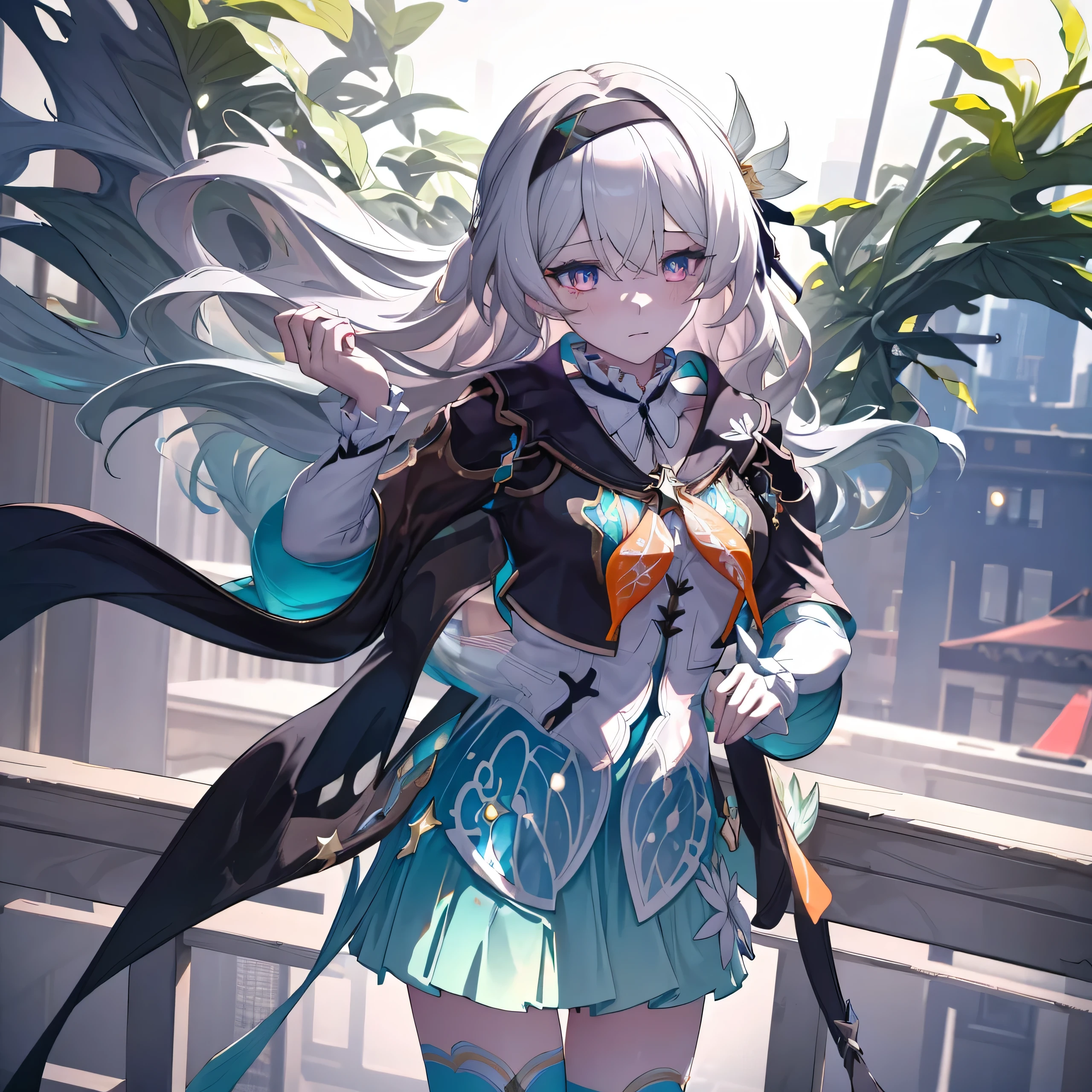 High definition RAW color art, Animation,sculptures, Silver Marble Skin, (((Ultra detailed elegant))), Magical atmosphere, Detailed skin, Texture,(Intricately detailed, Fine detail, ultra-detail art), depth of field, bokeh, Silky Touch, Hyper Detail, (white background), beautiful eyes, elegant face, (cheer girl), flower, full body, , 1girl, firefly \(honkai: star rail\), solo, black thigh highs, hairband, gradient skirt, hair ornament, blouse, frilled collar, cropped jacket, yellow neckerchief, cowboy shot, embarrassed, blush,