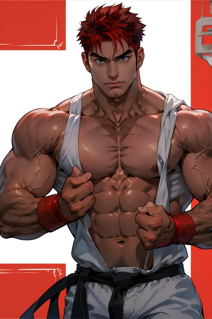 there is a man with red hair and a cross on his chest, muscular!!, muscular character, anime handsome man, in billy herrington body, naoki ikushima, muscular!, muscular male, muscular male hero, beefcake pose, muscular!!!, muscular! fantasy, mid-shot of a hunky, genzoman, fairly muscular, topless