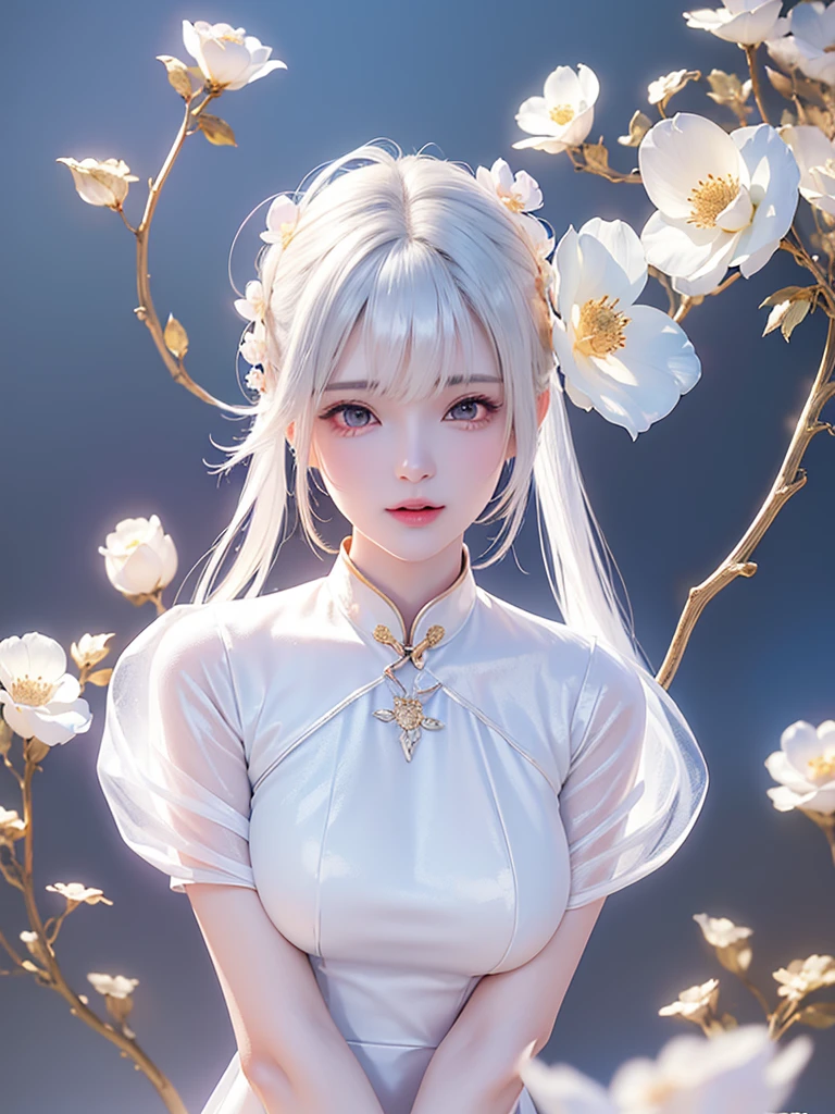 ((Above the knee images))((masterpiece:1.5、8K、Portraiture、フォトリアリスティックでVery detailedなCG、Very detailed、Particle Effects、Dynamic Effects、Written boundary depth、Cinematic Light、Lens flare、Ray Tracing、Tabletop、Realistic:1.4、Ultra-high resolution:1.2、Realistic、Realistic))((alone、No sleeve,A woman wearing a Chinese dress:1.4、Model-like pose:、Side bust、Ample breasts、Detailed face、Bright expression、young, Brighter, Whiter skin、Best Looks、Ultimate beauty、White hair with shiny highlights:1.8、bright and shiny hair,, Silky straight hair、Hair swaying in the wind))(Wonderful transparent flower々Surrounded by、White Background、Great background、Thin petals fluttering down)