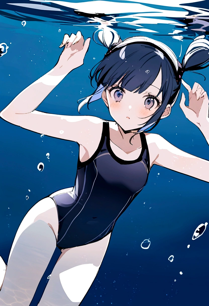 marinette dupain-cheng, age, 1girl, solo, swimming, underwater, pool, blue hair, black hair, hands up, CmptSwm, one-piece swimsuit