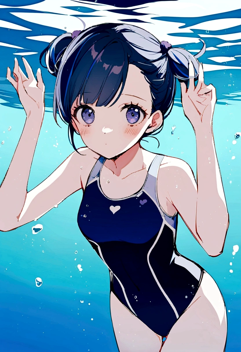marinette dupain-cheng, teenage, 1girl, solo, swimming, underwater, pool, blue hair, black hair, hands up, CmptSwm, one-piece swimsuit