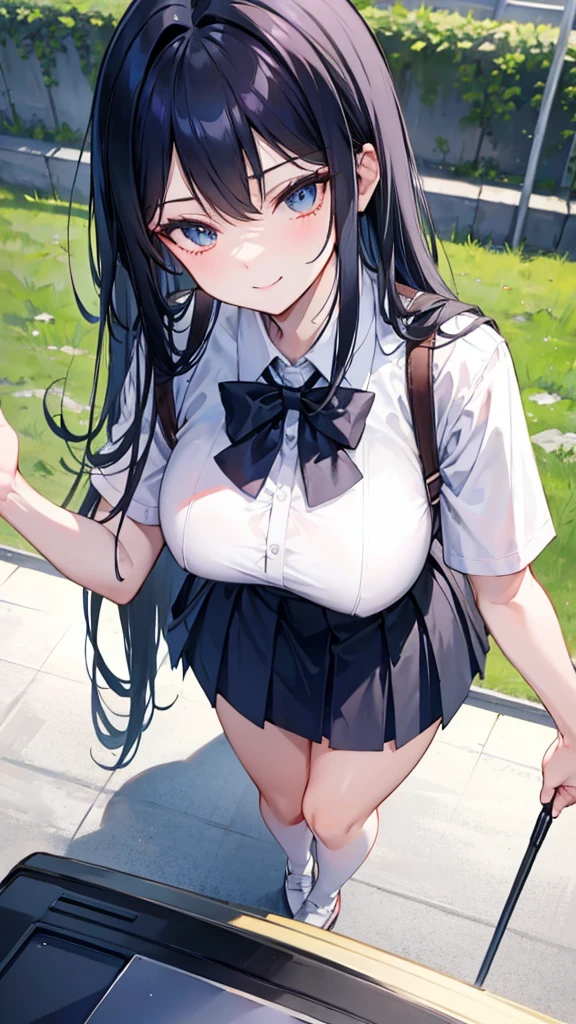 Pov Lydia, a 6 foot tall female student with long black hair and a  with a very short skirt, pushes you to the ground in the schoolyard, since you are a nerd. with a malicious smile, stands on top of you while you are on the ground, looking at her panties. tall girl, Scholar, uniform, 6,0ft, sexy, bully, Sexy legs, photo from above, Pov, mocking, bad