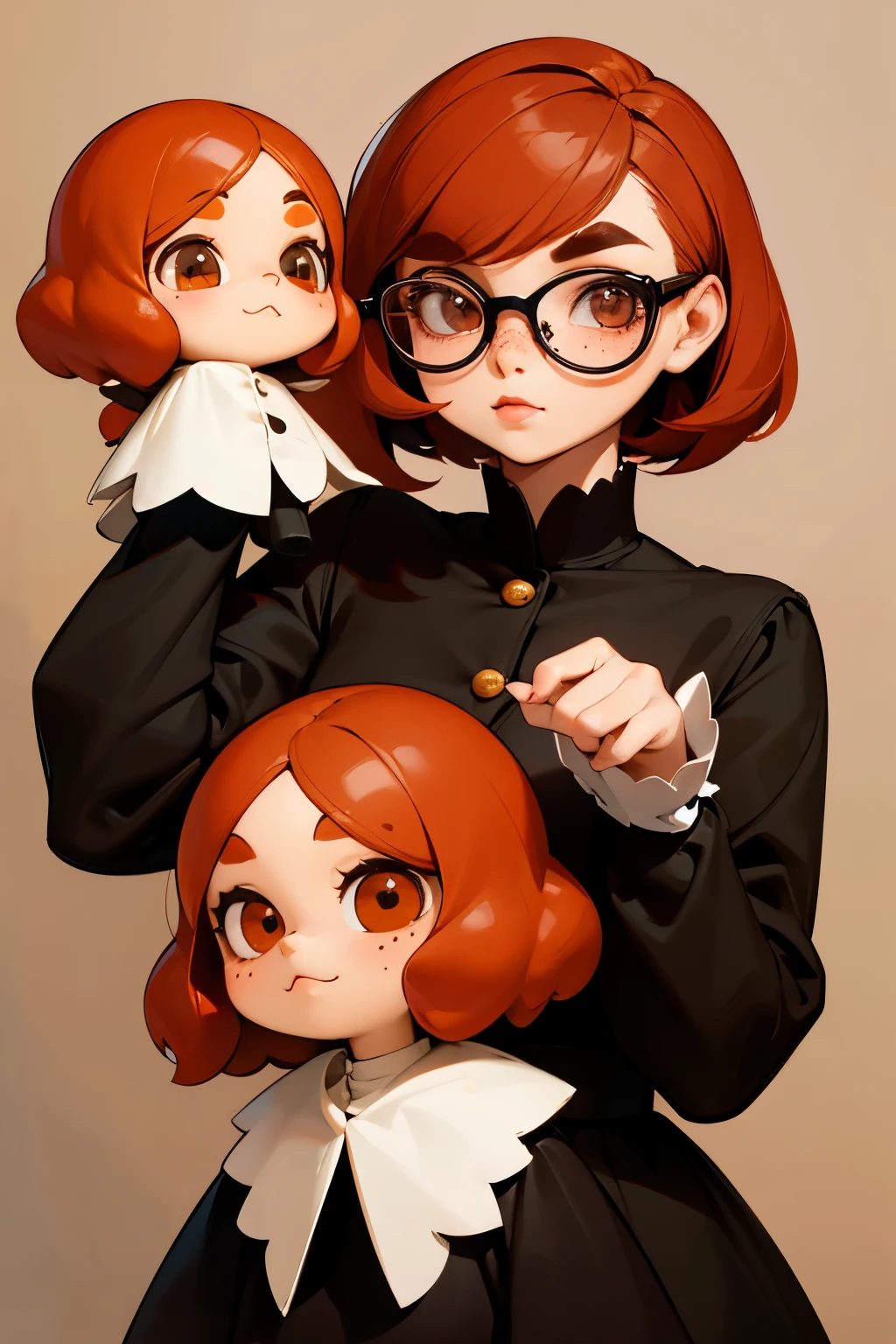 Blythe doll Make a light skinned blythe doll, not super white but not dark either, with dark dark eyes , a medium round mouth, few freckles, in some designs that use glasses like a secretary, with red but dark hair, like a redhead coffee, big eyes normal brown eyebrows, and short hair with a normal and short shirt