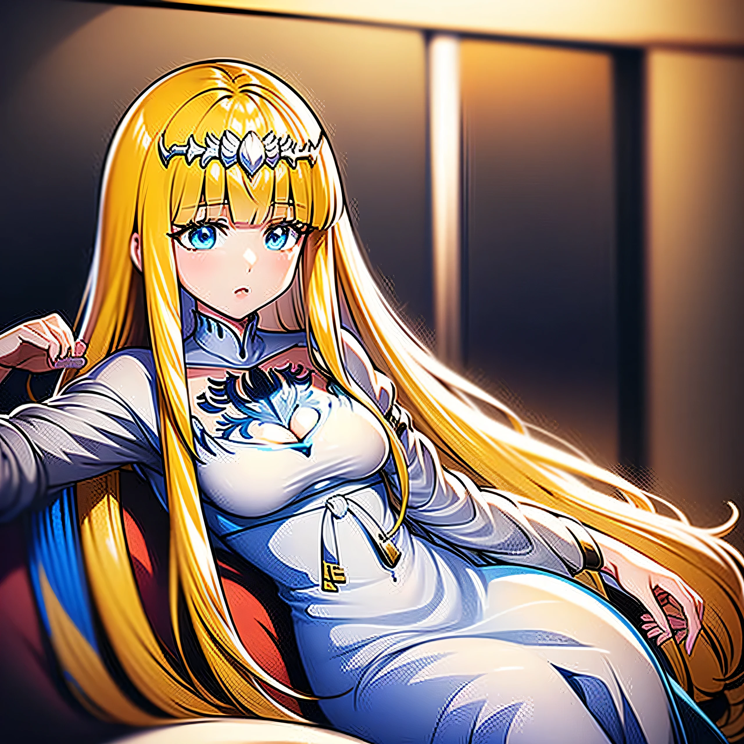 A woman sitting on the sofa in the room，There are tables and chairs in the room, kushat krentz critical art women, , Detailed anime artwork, Detailed anime art, Detailed key animation art, Highly detailed official artwork, Popular topics on artstation pixiv, 1girl, solo, Calca, Calca Bessarez, blonde hair, (extremely long hair:1.3), very long hair, white tiara, white dress, blue eyes, medium chest, long straight hair, mature female, 25 years old,