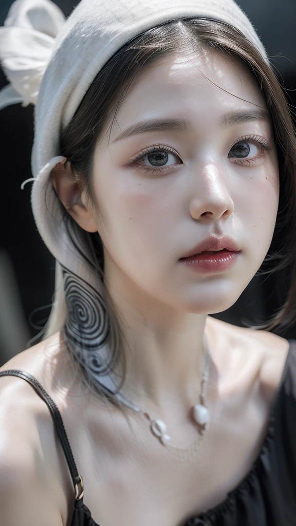 Best Quality, Masterpiece, ultra high resolution, (photorealistic:1.4), photo and gross, 1 girl, exterior, close up, looking at the viewer, black dress, sleeveless, wide, sullyoon and ethereal gray eyes and plump lips albino big mouth white hair 