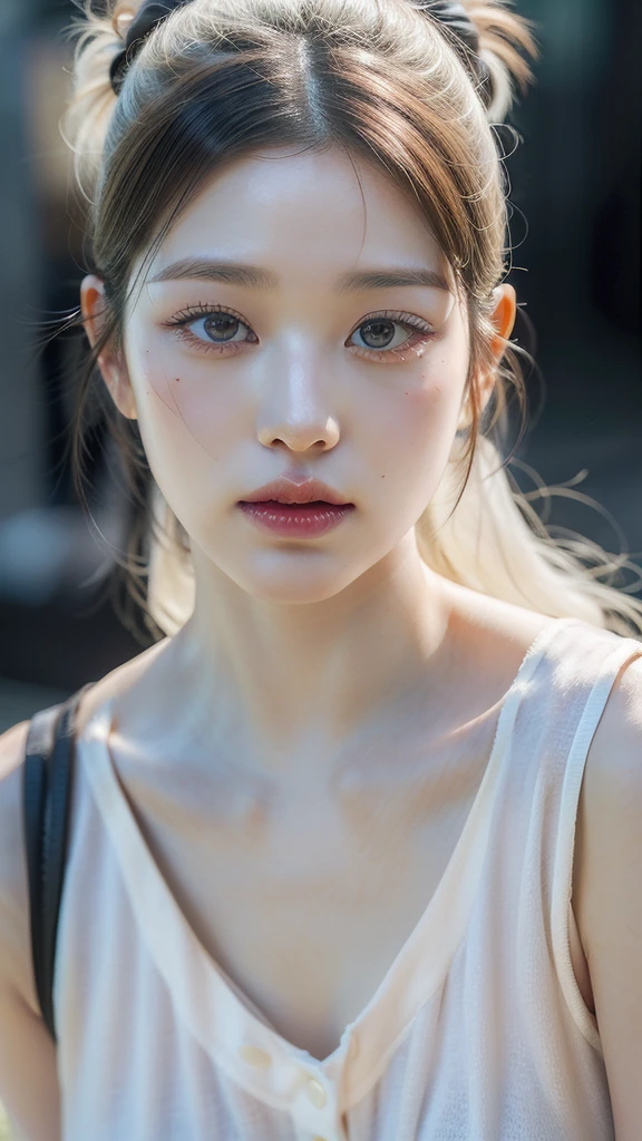 Best Quality, Masterpiece, ultra high resolution, (photorealistic:1.4), photo and gross, 1 girl, exterior, close up, looking at the viewer, black dress, sleeveless, wide, sullyoon and ethereal gray eyes and plump lips albino big mouth white hair