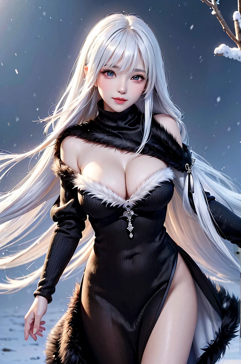 ((masterpiece:1.5、8K、Tabletop、Photorealistic and very detailed CG、Very detailed、Particle Effects、Dynamic Effects、Shallow depth of field、Cinematic Light、Lens flare、Ray Tracing、Tabletop、Realistic:1.4、Ultra-high resolution:1.2、Realistic、Realistic))((alone、,A woman wearing a black fur coat over an off-the-shoulder sweater:1.4、Elegant woman posing、Detailed face、brightexpression、young, bright, Whiter skin、medium breasts、Beautiful cleavage、Best Looks、ASİAN、Ultimate beauty、bright and shiny hair,、Super long, Silky straight hair、Hair dancing in the wind))(morning、The setting is outdoors in the snow、Crystal of snow)((White hair with shiny highlights))
