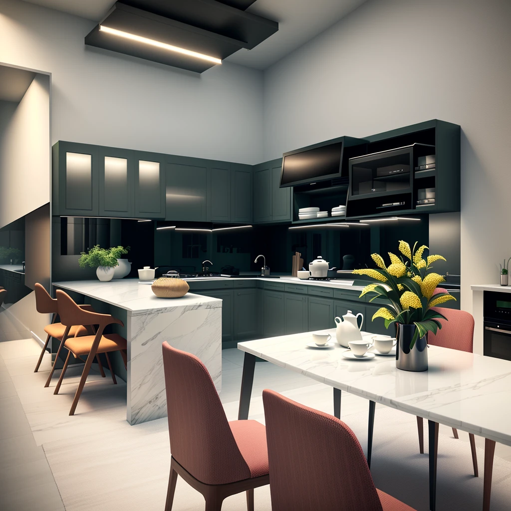 there is a kitchen with a table and chairs in it, highly photographic render, artistic render, excellent 3d render, archviz, exquisite detail, high quality 3 d render, high quality 3d render, award-winning render, rendered in enscape, precise architectural rendering, 3 d rendering, 3d rendering, luxury bespoke kitchen design, a hyper realistic