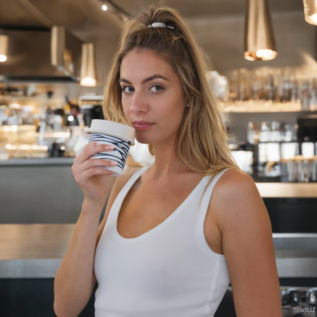 Icelandic woman (Drinking coffee in a modern cafe at sunset), very detailed, 24 years old, high resolution, Best quality, Intricate details, very detailed, Sharpness, detailed skin, Realistic Hauttextur, detailed eyes, professionnel, 4k, 85 millimeters, Light depth of field, Kodak Vision Couleur, corps parfaitement ajusté, Extremely detailed, Photo_\(ultra\), fotoRealistic, Realistic, post-traitement, Maximum details, roughness, vrai vie, ultraRealistic, Photorealismus, Photografie, 8K UHD, Photografie, tight white wool tanktop, pale skin, attractive face