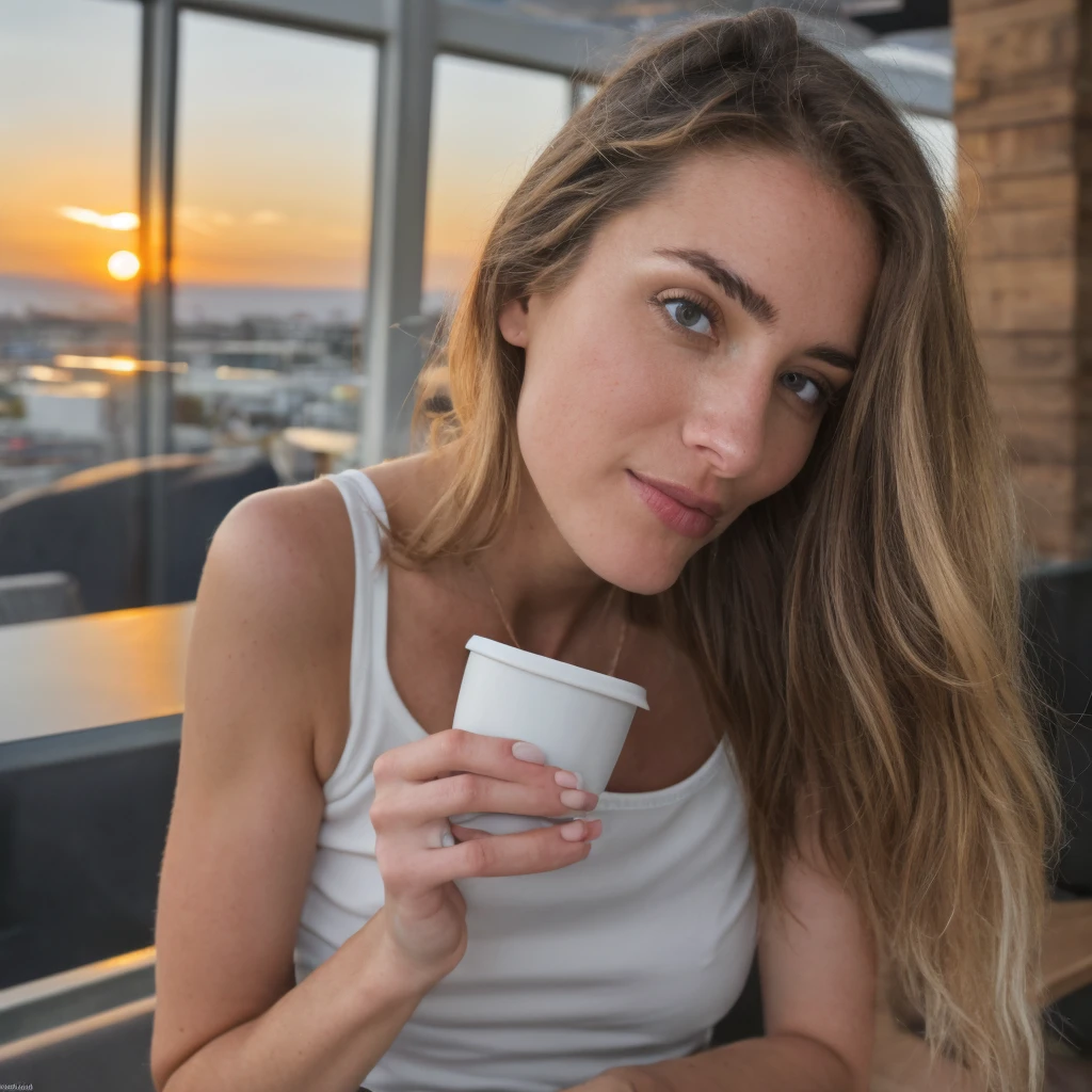 Icelandic woman (Drinking coffee in a modern cafe at sunset), very detailed, 24 years old, high resolution, Best quality, Intricate details, very detailed, Sharpness, detailed skin, Realistic Hauttextur, detailed eyes, professionnel, 4k, 85 millimeters, Light depth of field, Kodak Vision Couleur, corps parfaitement ajusté, Extremely detailed, Photo_\(ultra\), fotoRealistic, Realistic, post-traitement, Maximum details, roughness, vrai vie, ultraRealistic, Photorealismus, Photografie, 8K UHD, Photografie, tight white wool tanktop, pale skin, attractive face