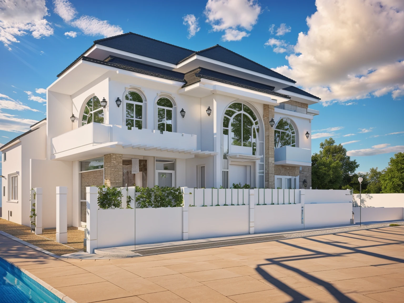 Exterior, house, luxury, modern style, reflective glass material, white wall paint, stone wall, wooden ceiling, in the city, crowded street, many cars, many people, many trees, Trees on the roof, sunrise, empty clouds, 8k, vray image