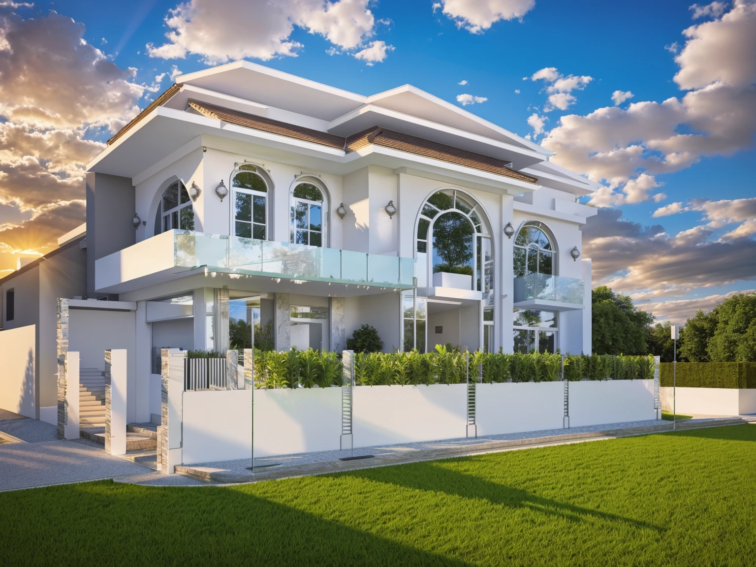 Exterior, house, luxury, modern style, reflective glass material, white wall paint, stone wall, wooden ceiling, in the city, crowded street, many cars, many people, many trees, Trees on the roof, sunrise, empty clouds, 8k, vray image