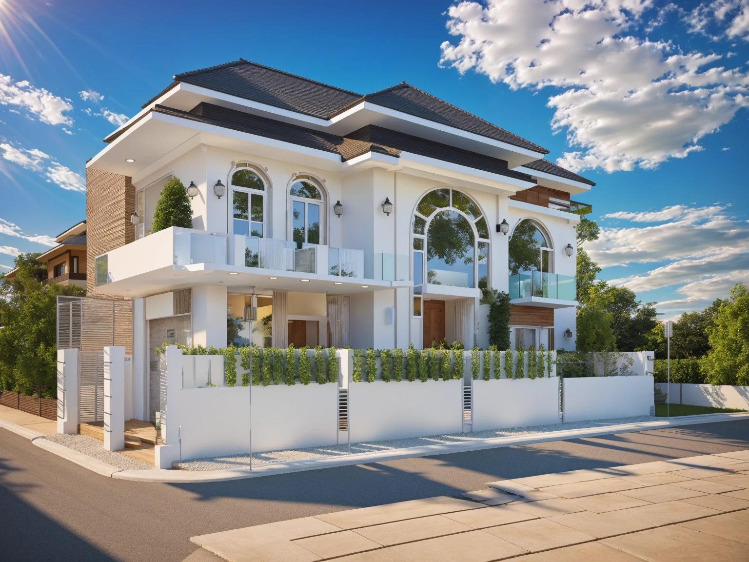 Exterior, house, luxury, modern style, reflective glass material, white wall paint, stone wall, wooden ceiling, in the city, crowded street, many cars, many people, many trees, Trees on the roof, sunrise, empty clouds, 8k, vray image